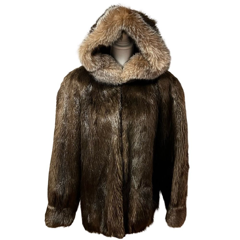 Canadian Beaver Fur Parka Jacket Sz XL Crystal Fox Trimmed Hood Full Zip Womens